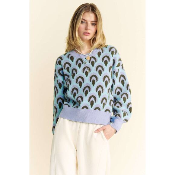 Davi & Dani Scale Jacquard Pattern Crew Neck Drop Shoulder Sweater | Pastel Blue - Picture 5 of 5